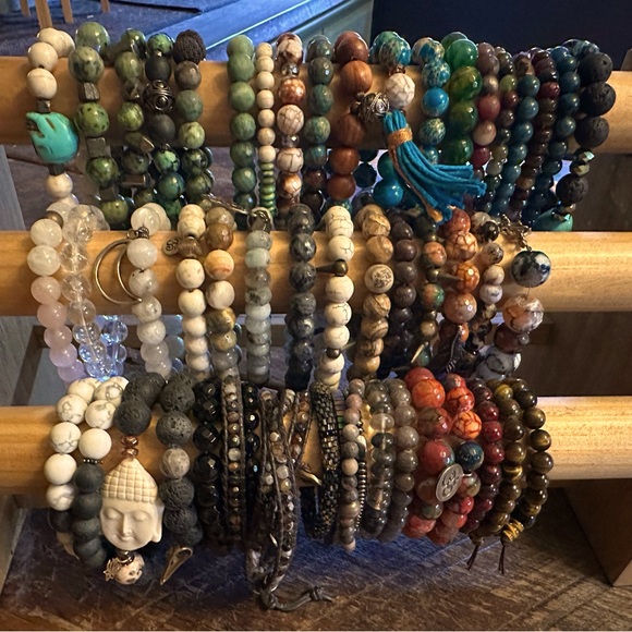 collection of beads bracelets charms agate moonstone quartz turquoise ruby onyx
